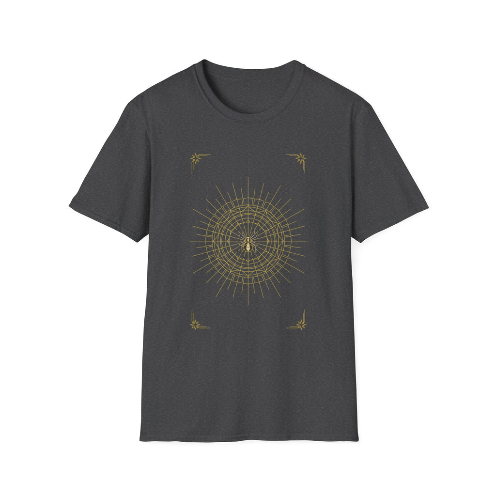 Dark gray T-shirt with gold web mandala graphic on the front