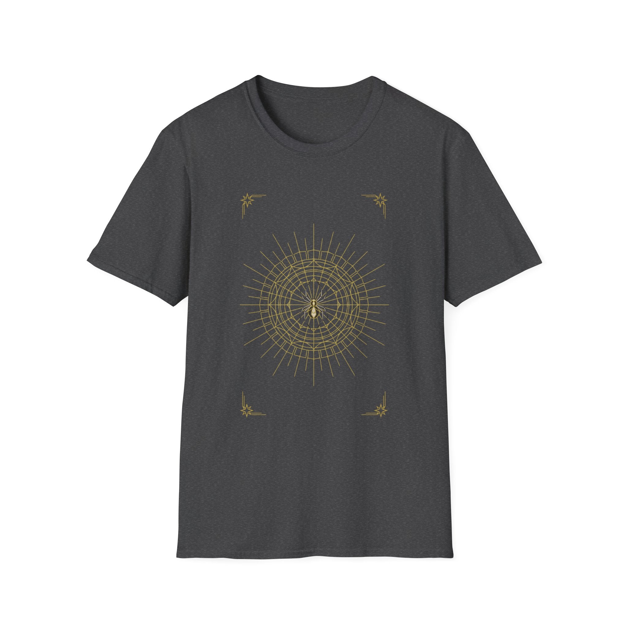 Dark gray T-shirt with gold web mandala graphic on the front