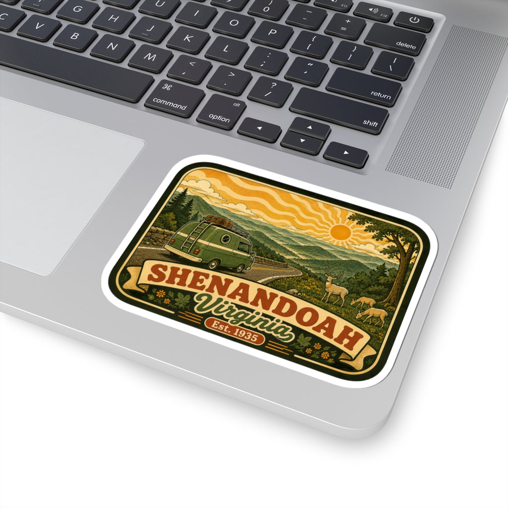 Retro green van life vinyl sticker with Shenandoah Virginia banner, sun, and forest scenery