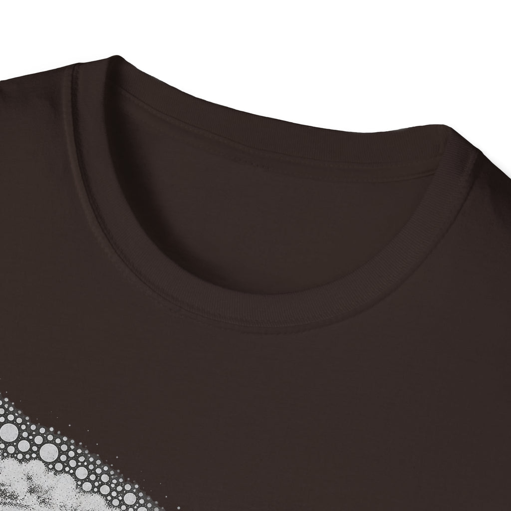 Dark brown t-shirt with crew neck and partial vintage open-wheel car graphic at lower left