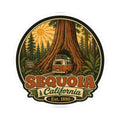 Round sticker with sequoia tree canopy, camper van, and Sequoia California Est. 1890.