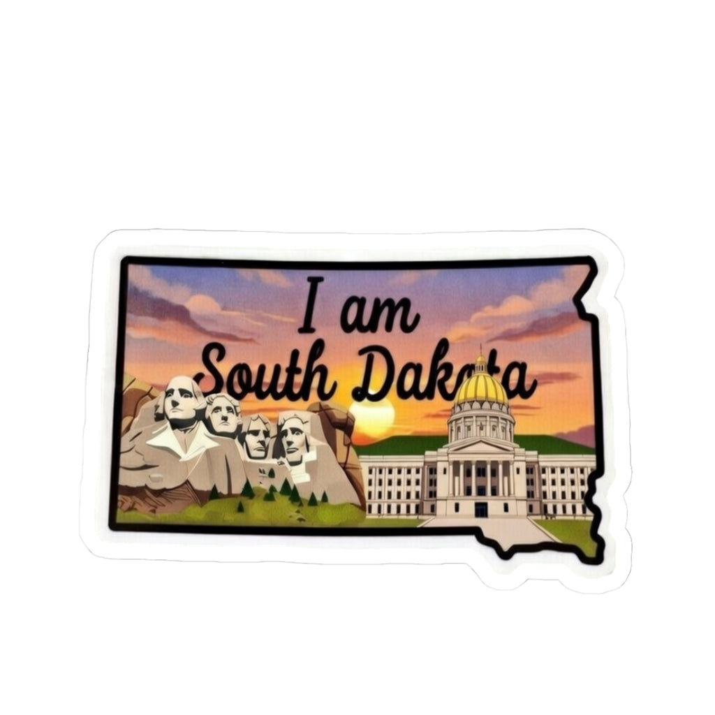 I am South Dakota sticker with Mount Rushmore, state capitol, and white die-cut border