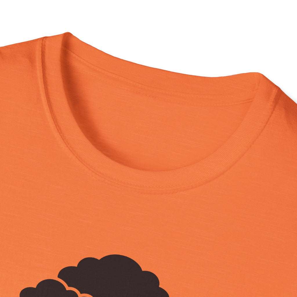Orange T-shirt crew neck close-up with partial black bonsai tree graphic