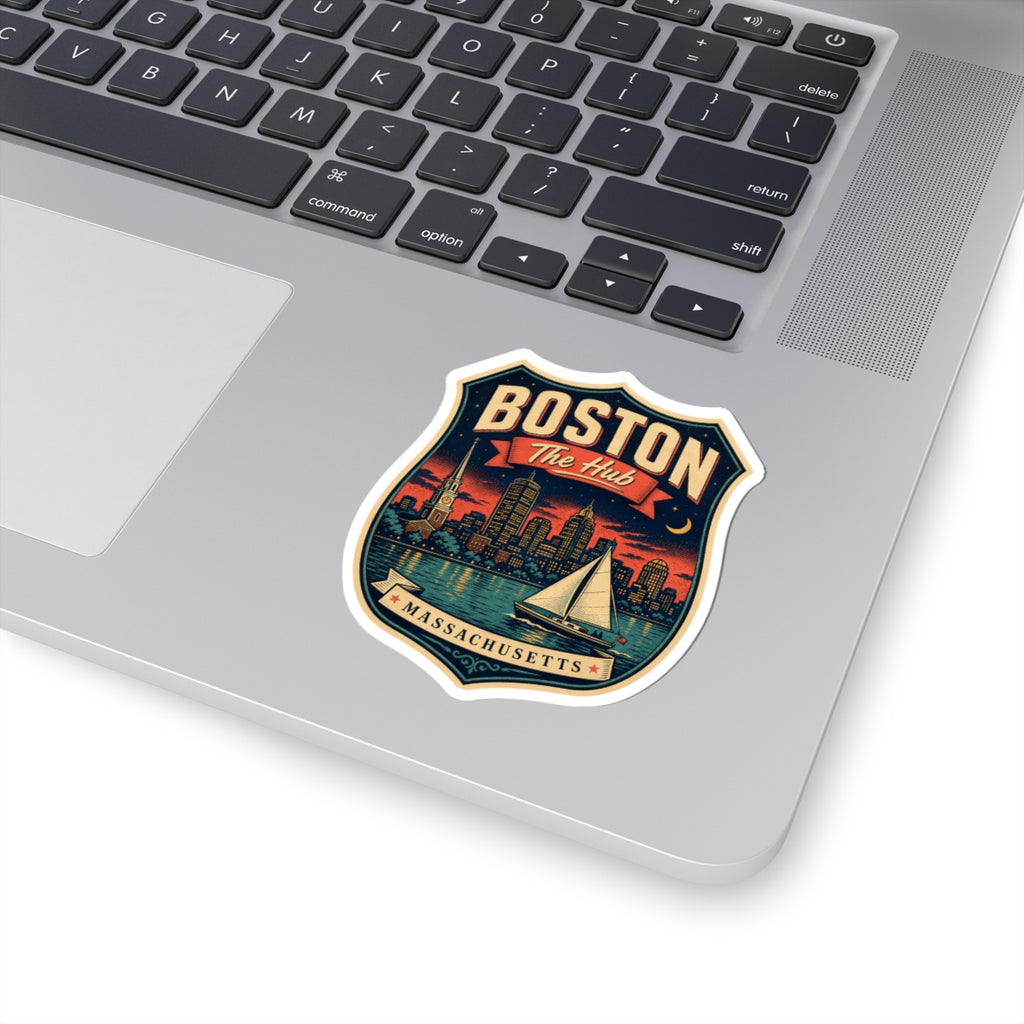 Boston shield luggage tag sticker with sailboat and “Massachusetts” border text