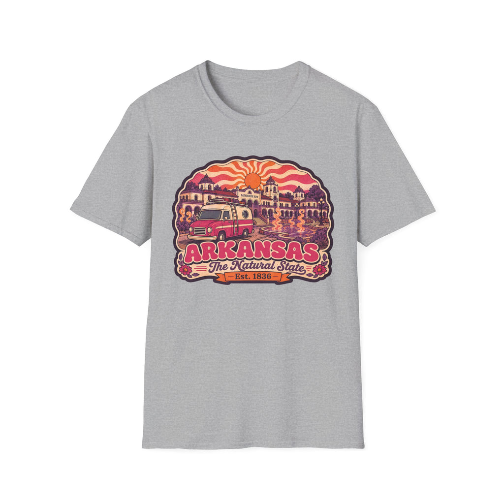 Gray crewneck T-shirt with multicolor Arkansas camper sunset graphic