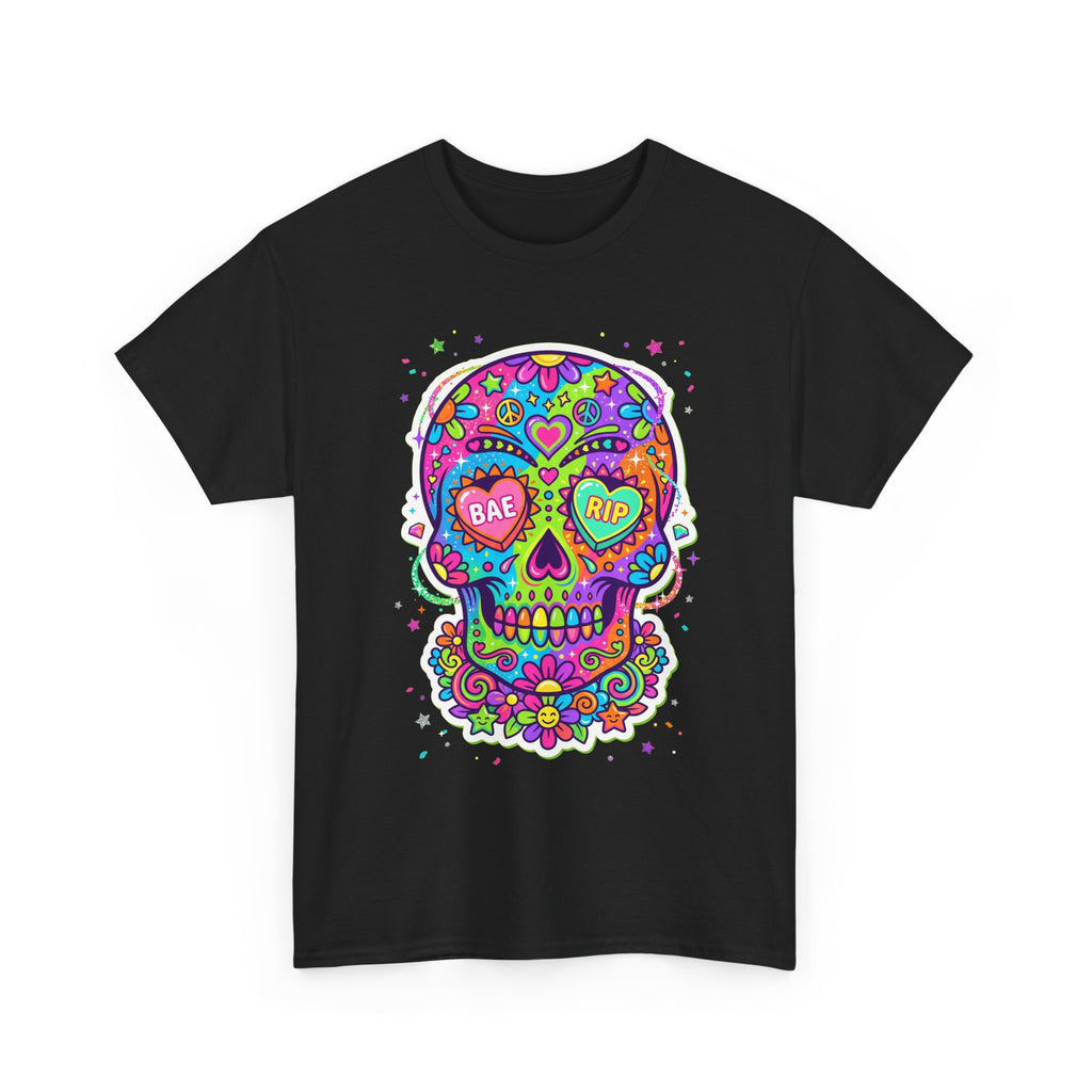 Black T-shirt front with colorful sugar skull artwork