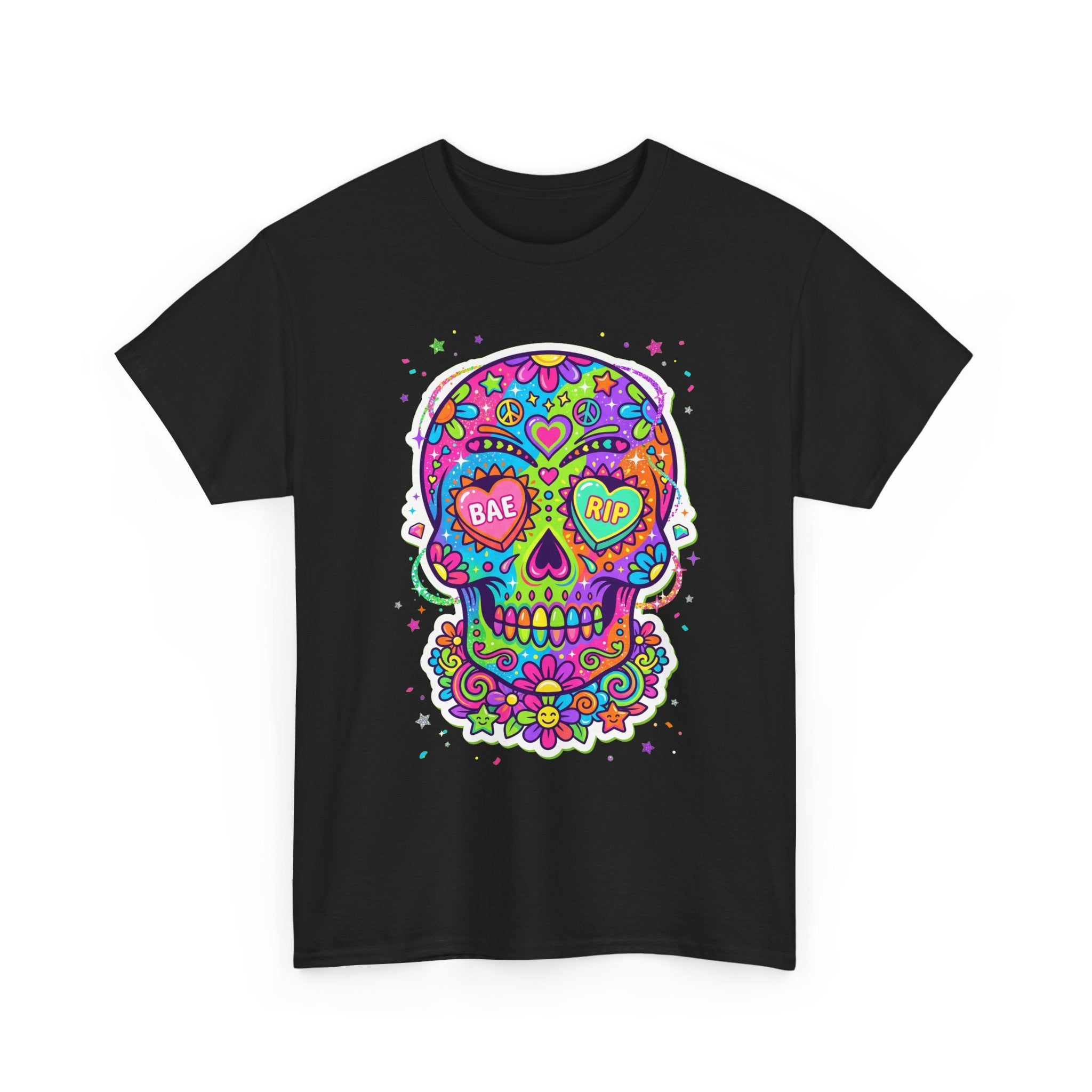 Black T-shirt front with colorful sugar skull artwork