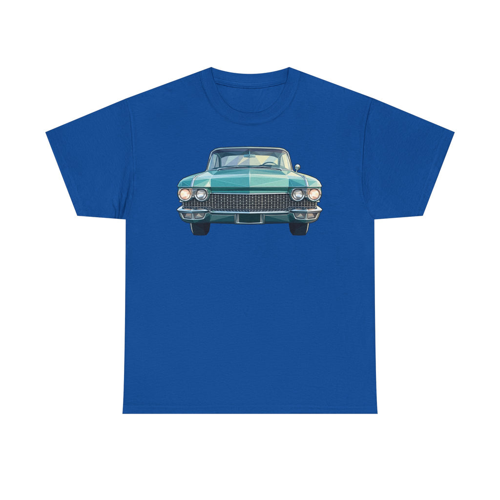 Royal blue crew-neck T-shirt with front car illustration graphic