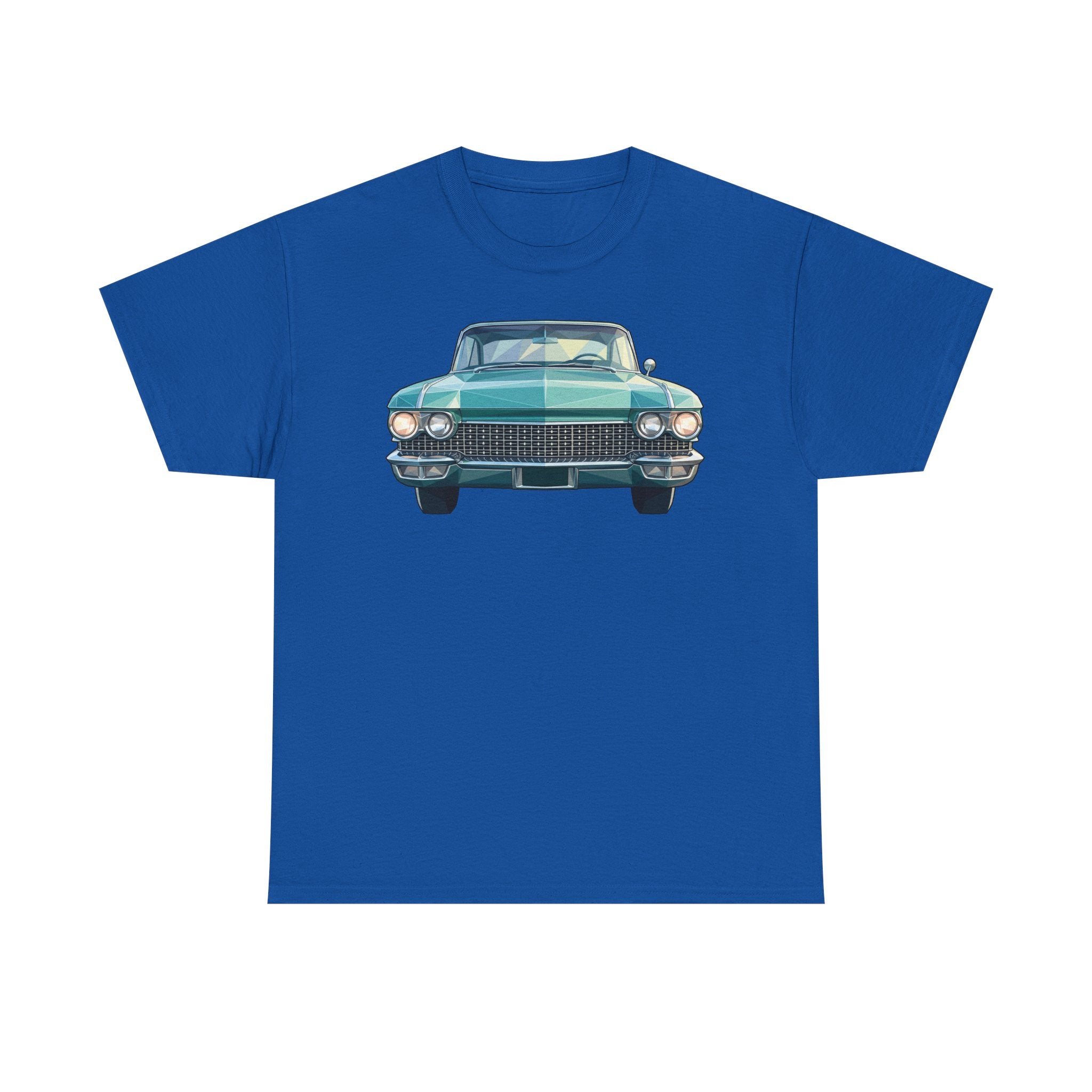 Royal blue crew-neck T-shirt with front car illustration graphic
