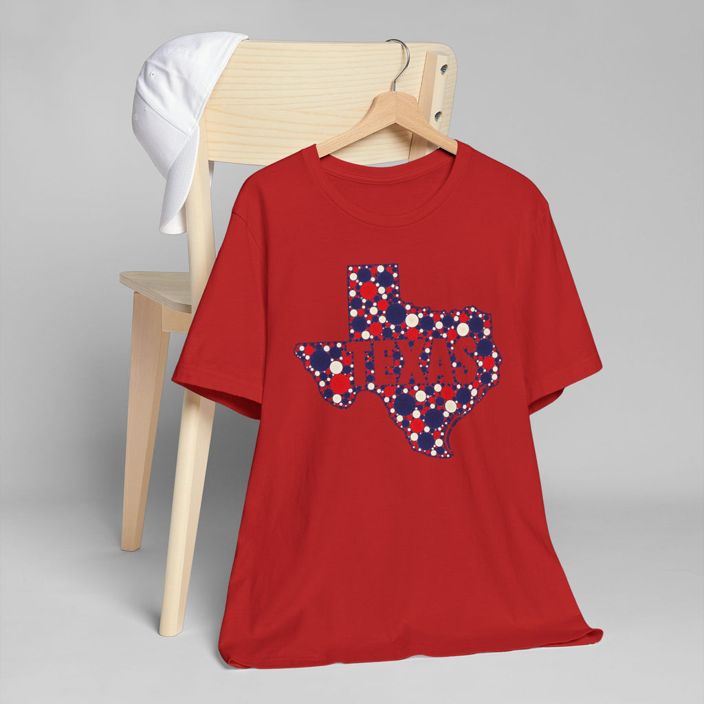 Red crew-neck T-shirt with dotted Texas graphic in red, white, and blue