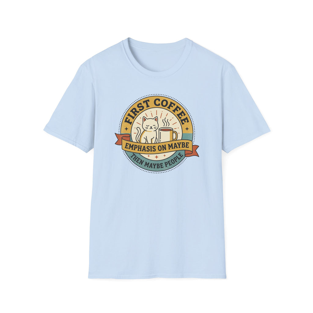 Light blue T-shirt with cat coffee circular logo on chest