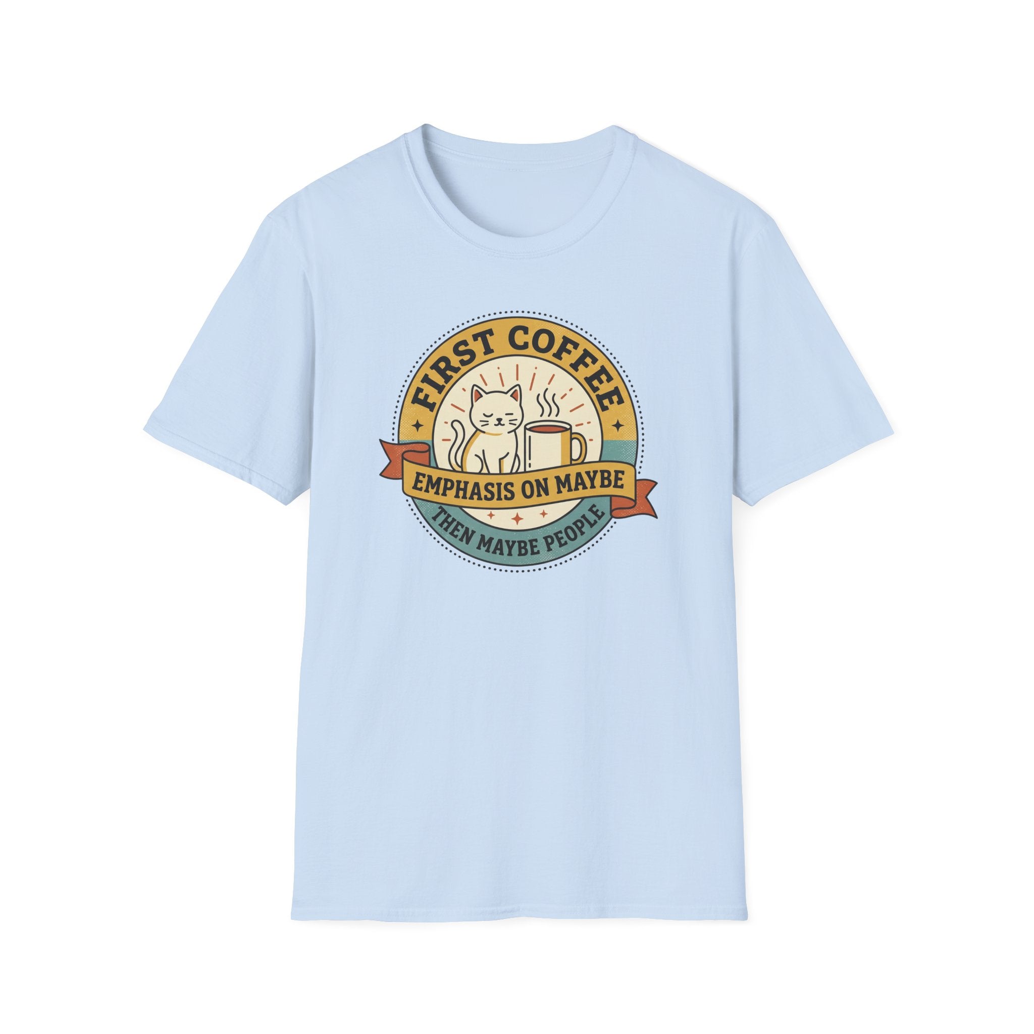 Light blue T-shirt with cat coffee circular logo on chest