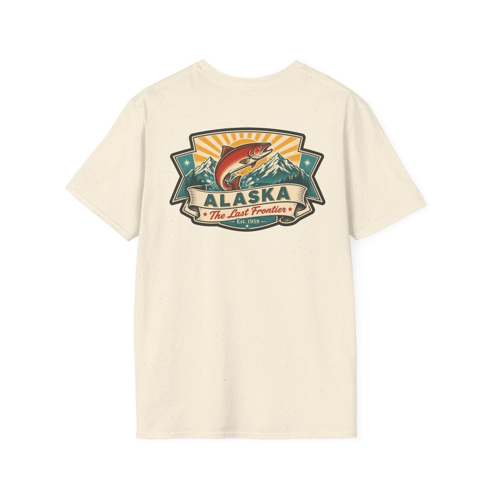 Souvenir T-shirt in cream with Alaska badge salmon mountain front print