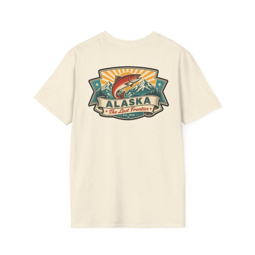 Souvenir T-shirt in cream with Alaska badge salmon mountain front print