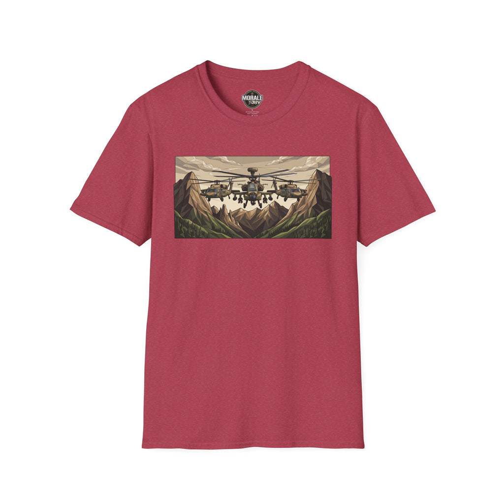 Attack Helicopter T-Shirt in Heather Cardinal with mountain helicopter graphic front