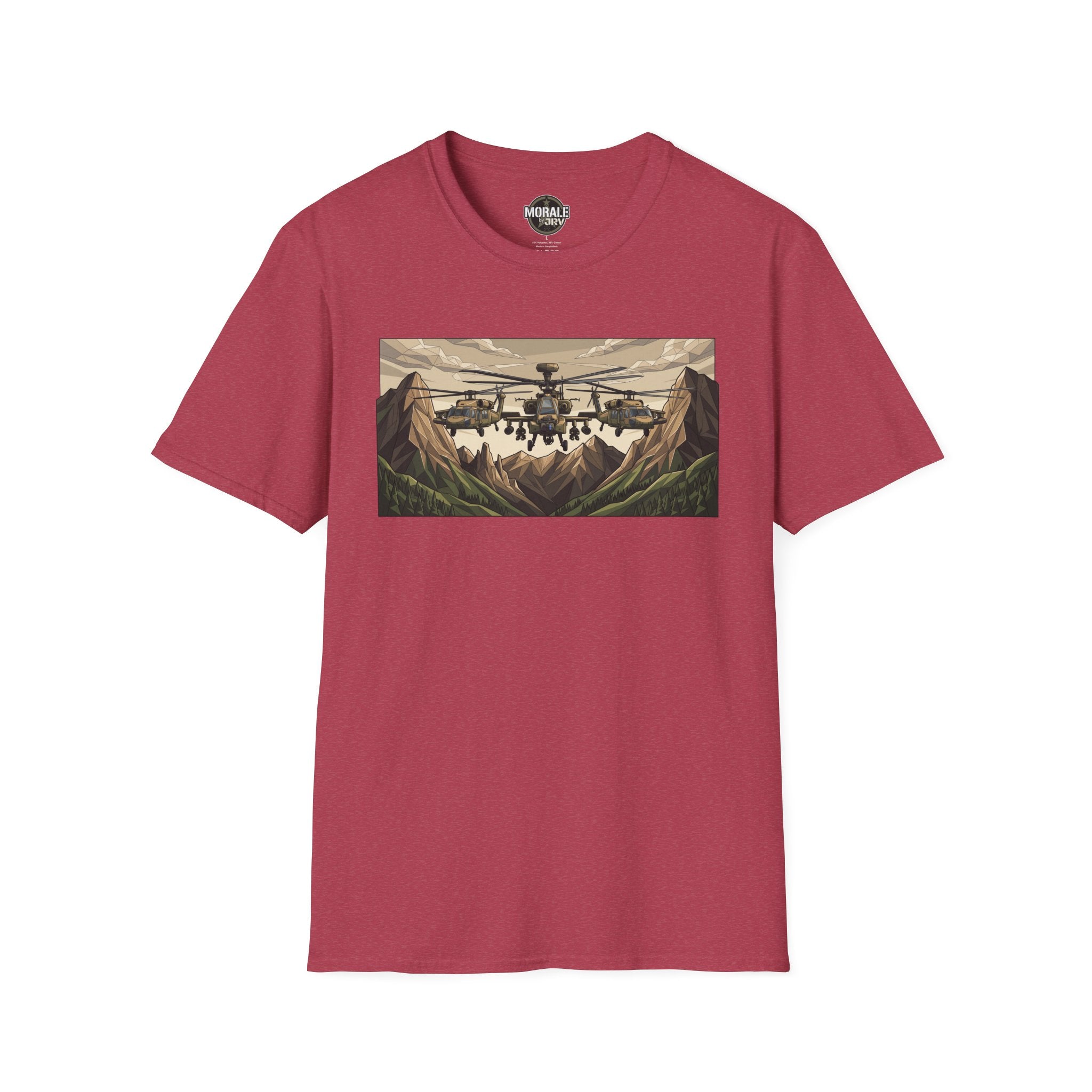 Attack Helicopter T-Shirt in Heather Cardinal with mountain helicopter graphic front