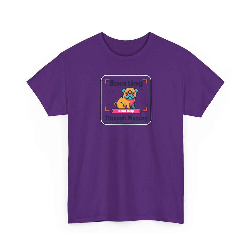 Purple crewneck T-shirt with 'Snorting Through Monday' pug graphic on chest.