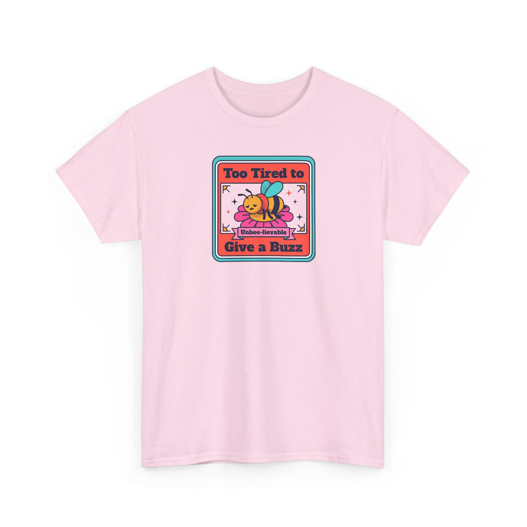 Light pink T-shirt with "Give a Buzz" bee graphic on front, short sleeves.