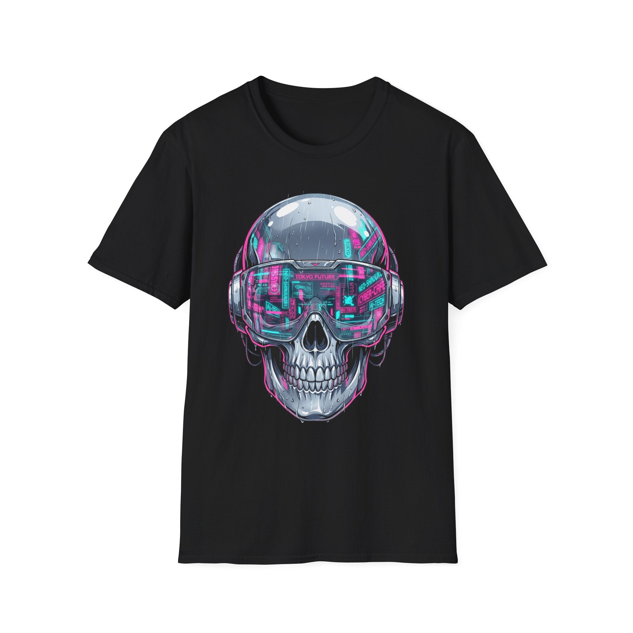 Black T-shirt with cyberpunk chrome skull wearing neon visor graphic