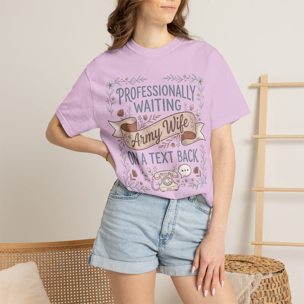 Lavender crewneck T-shirt with floral 'Professionally Waiting' and 'A Text Back' text.