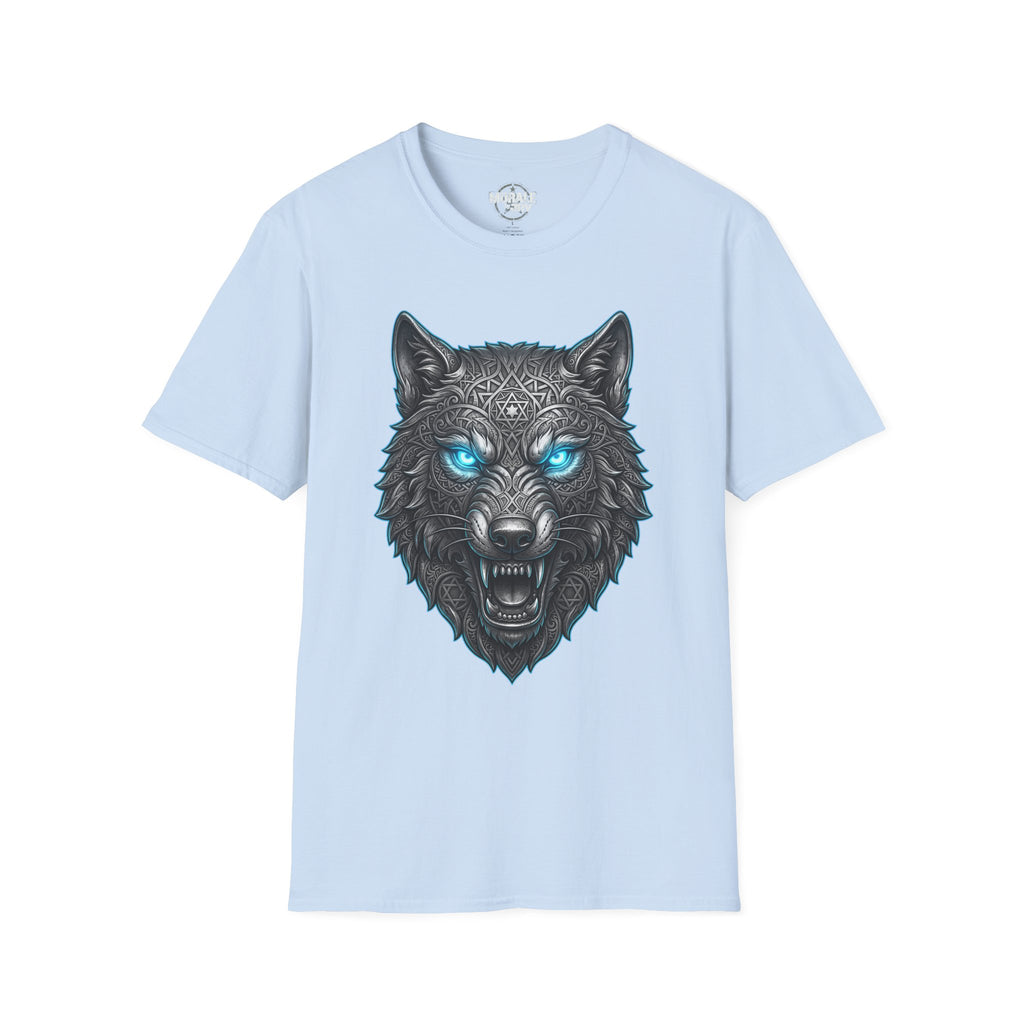 Light blue T-shirt with glowing blue-eyed wolf head graphic and intricate linework