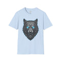 Light blue T-shirt with glowing blue-eyed wolf head graphic and intricate linework