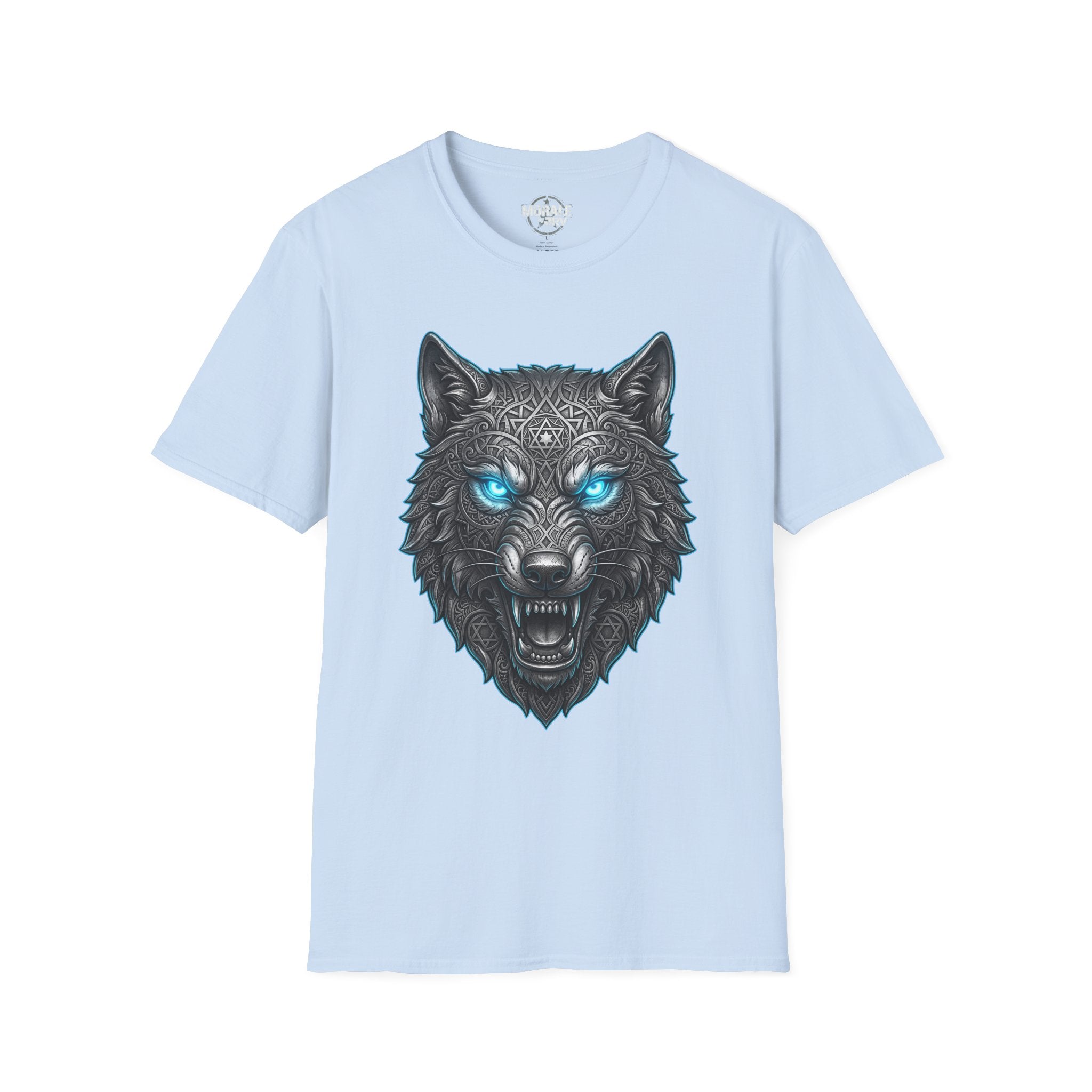 Light blue T-shirt with glowing blue-eyed wolf head graphic and intricate linework