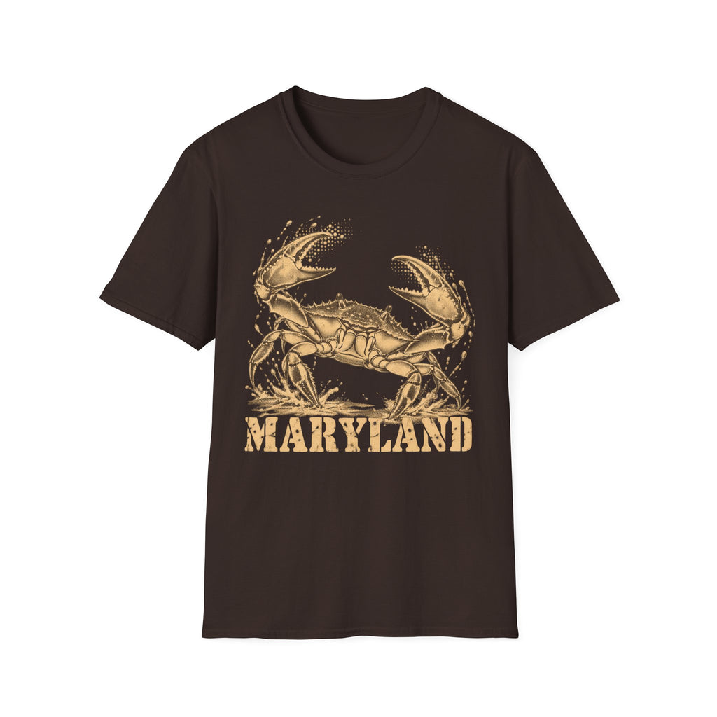 Dark brown short-sleeve T-shirt with gold crab graphic and “Maryland” text