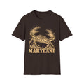 Dark brown short-sleeve T-shirt with gold crab graphic and “Maryland” text