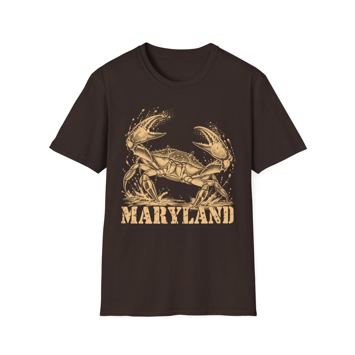 Dark brown short-sleeve T-shirt with gold crab graphic and “Maryland” text