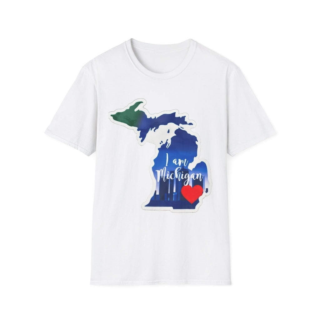White Michigan map T-shirt with blue heart and “I am Michigan” graphic