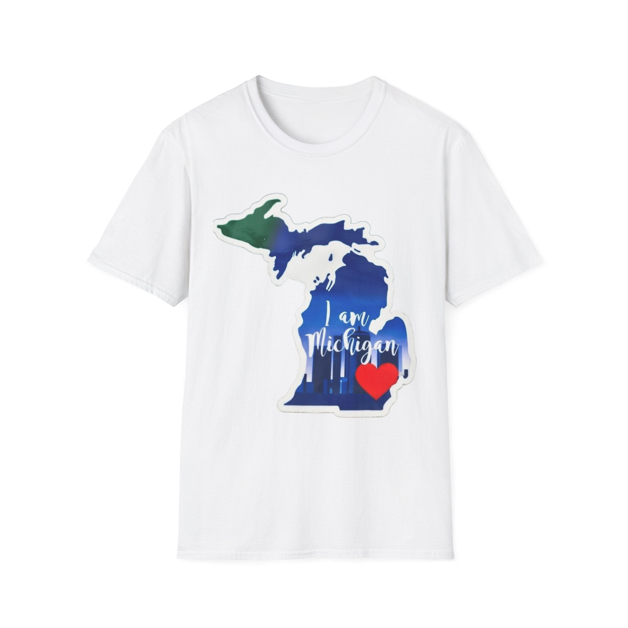 White Michigan map T-shirt with blue heart and “I am Michigan” graphic