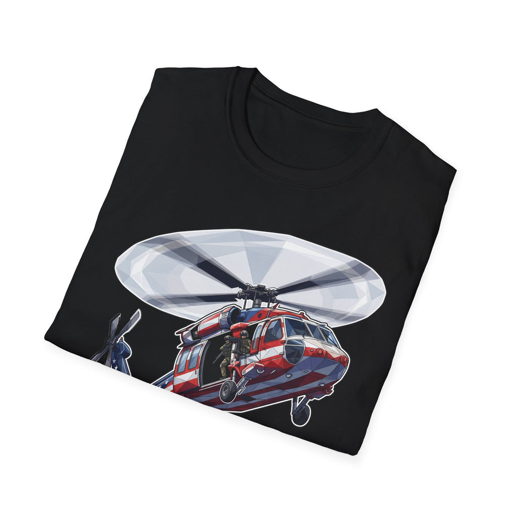 American Flag Rescue Helicopter T-Shirt, schwarz mit Hubschrauber-Frontprint
