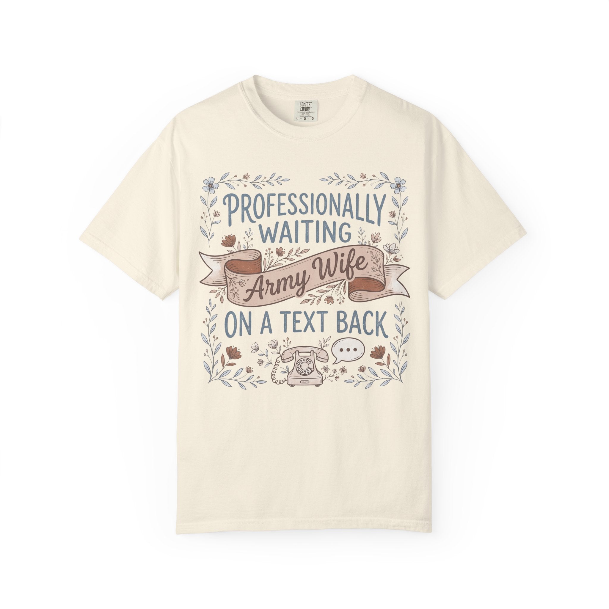Ivory crew-neck T-shirt with floral “Professionally waiting” text and ribbon graphic