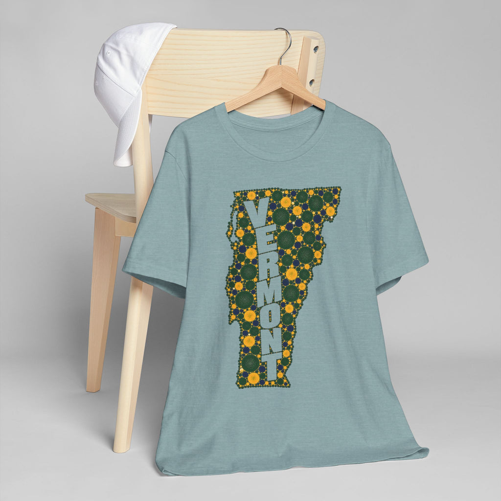 Light blue crew-neck T-shirt with colorful Vermont floral map letter graphic