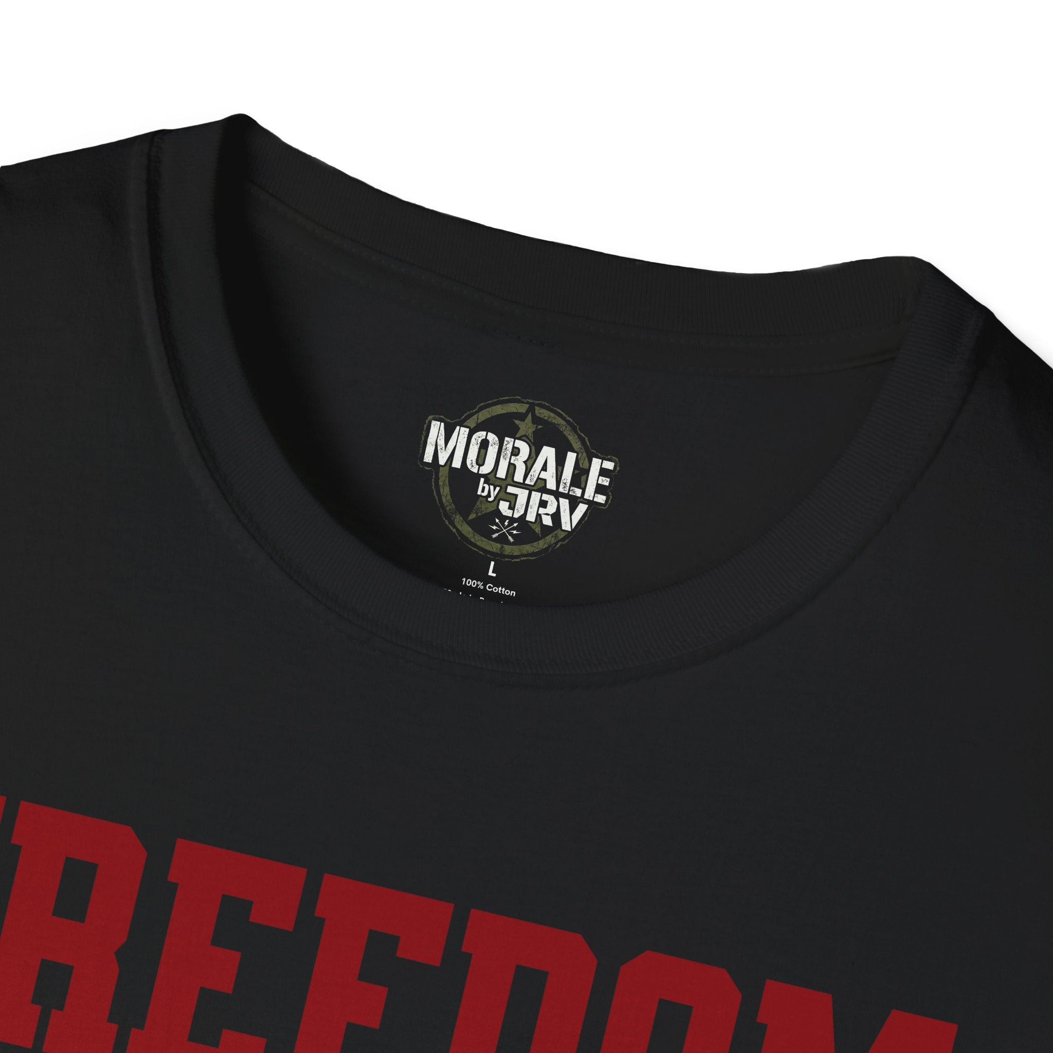 Black Freedom T-shirt neckline with logo and partial “Freedom” graphic