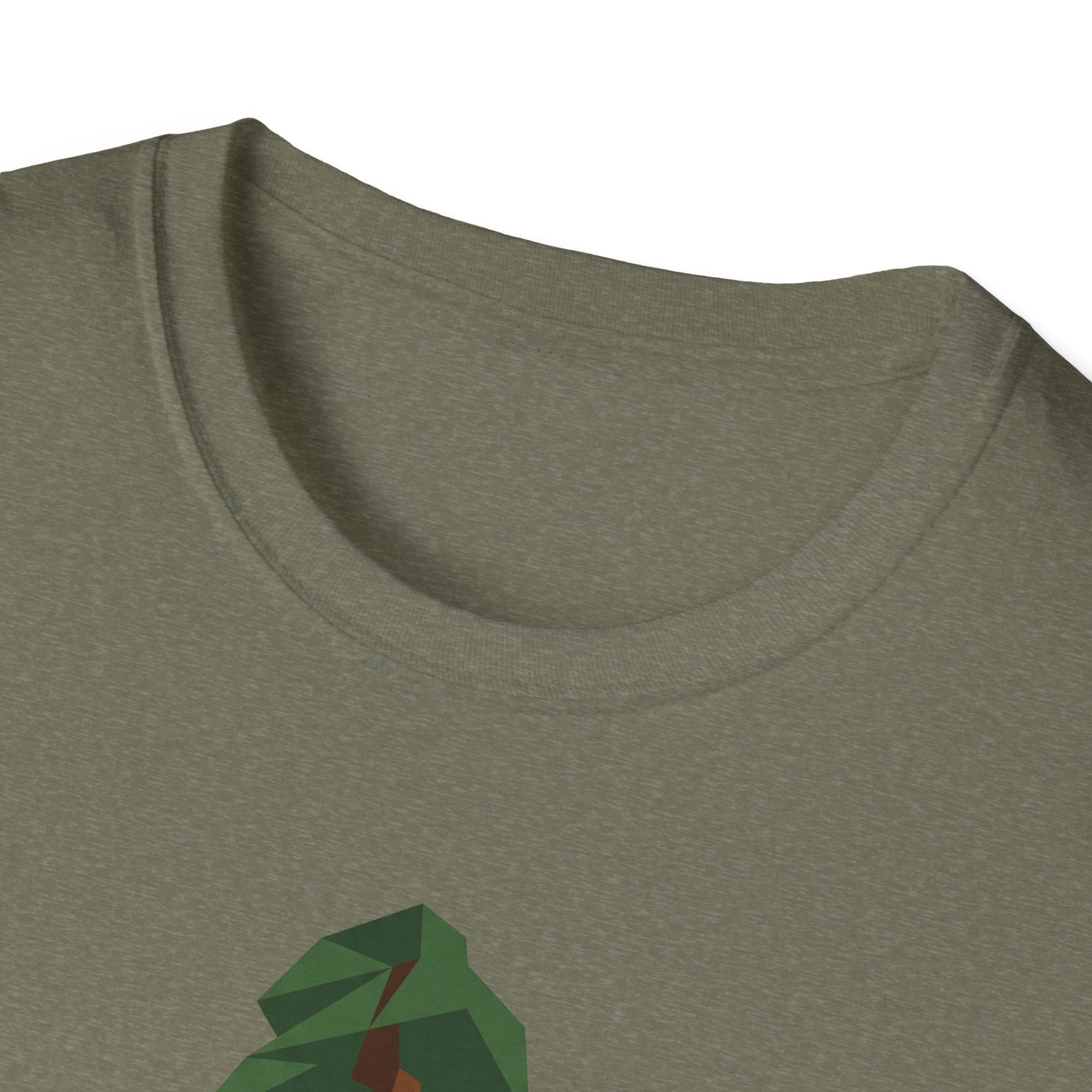 Olive green crew-neck T-shirt with partial geometric redwood tree print