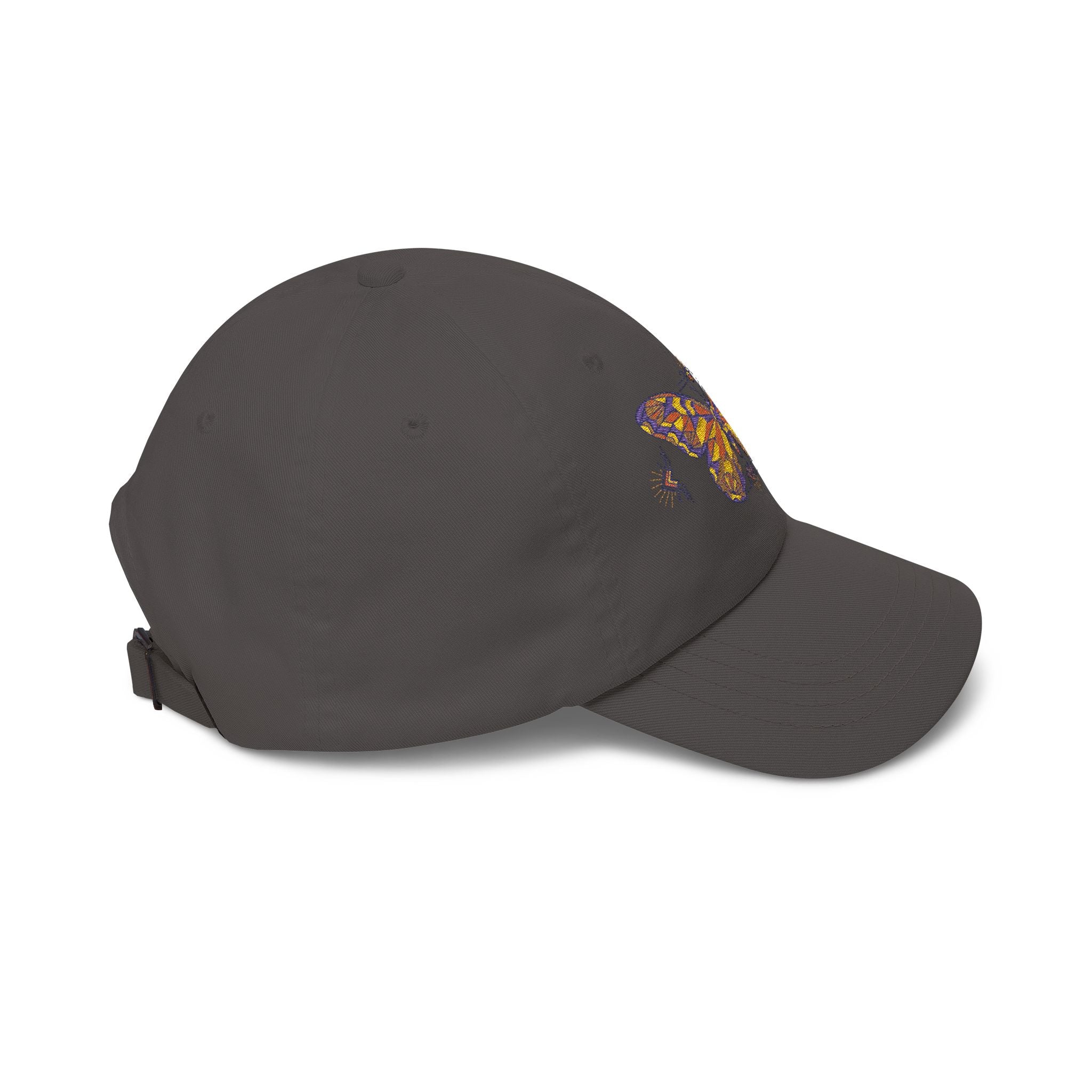 Dark grey baseball cap showing embroidered moth on side panel