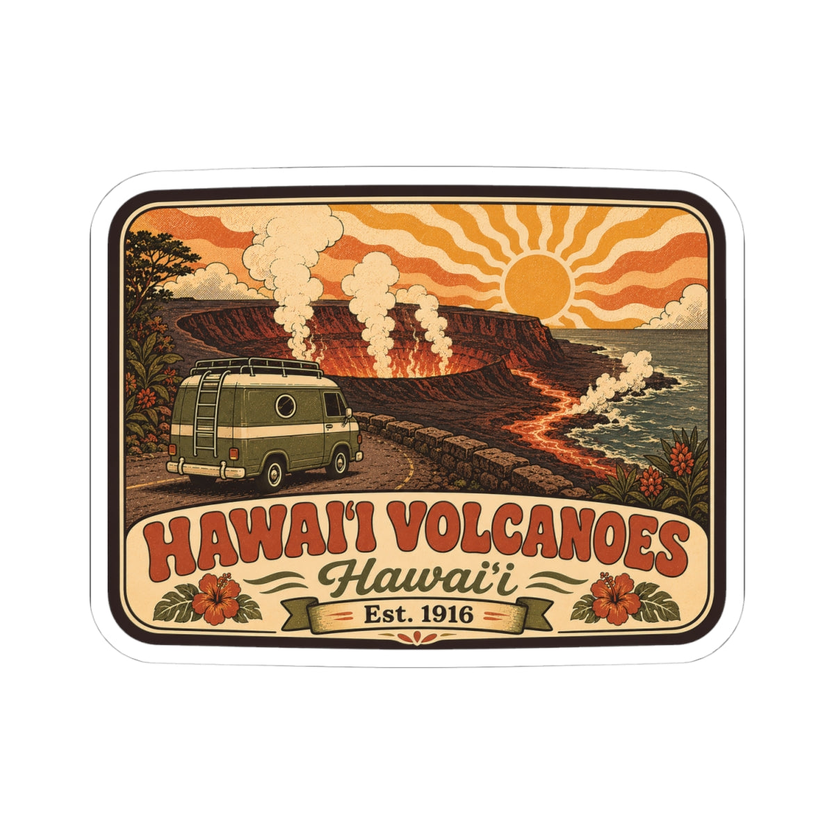 Retro travel sticker, rounded white border, green van and volcano under orange sun, Est. 1916 text
