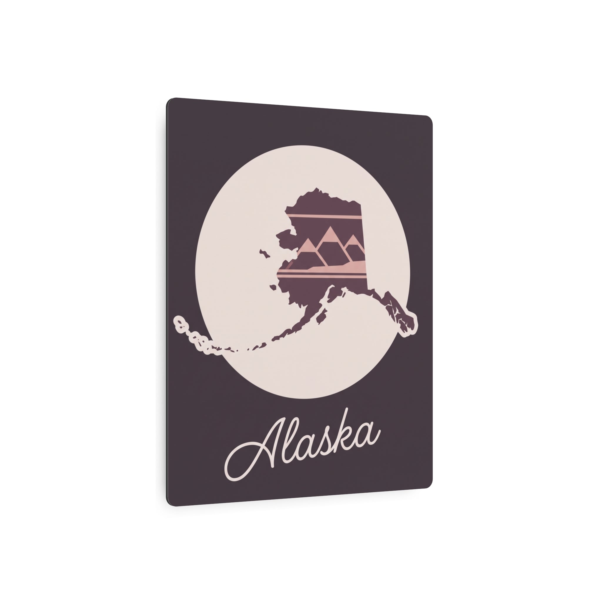 Mauve metal wall art sign, Alaska silhouette in circle with cursive “Alaska”