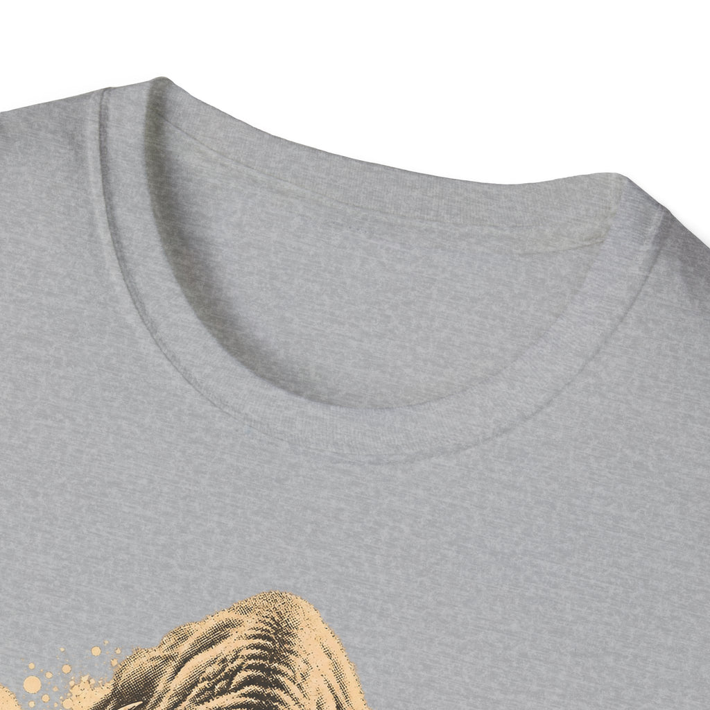 Sport grey T-shirt neckline close-up with partial tan bison graphic