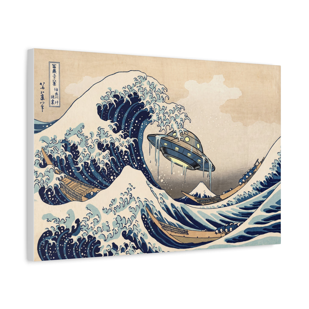 UFO wave print canvas with blue waves, hovering craft, and beige background