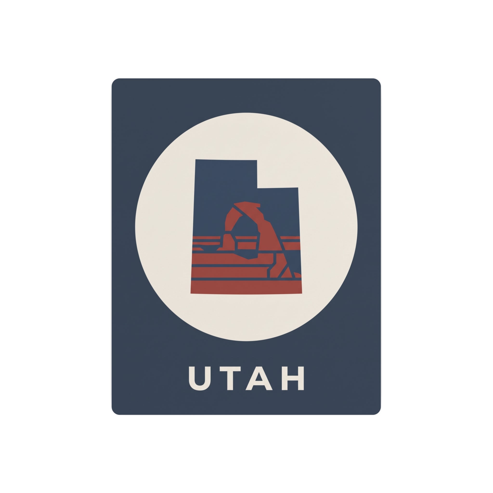 Utah metal art sign with oval emblem and red-blue retro arch graphic, text UTAH