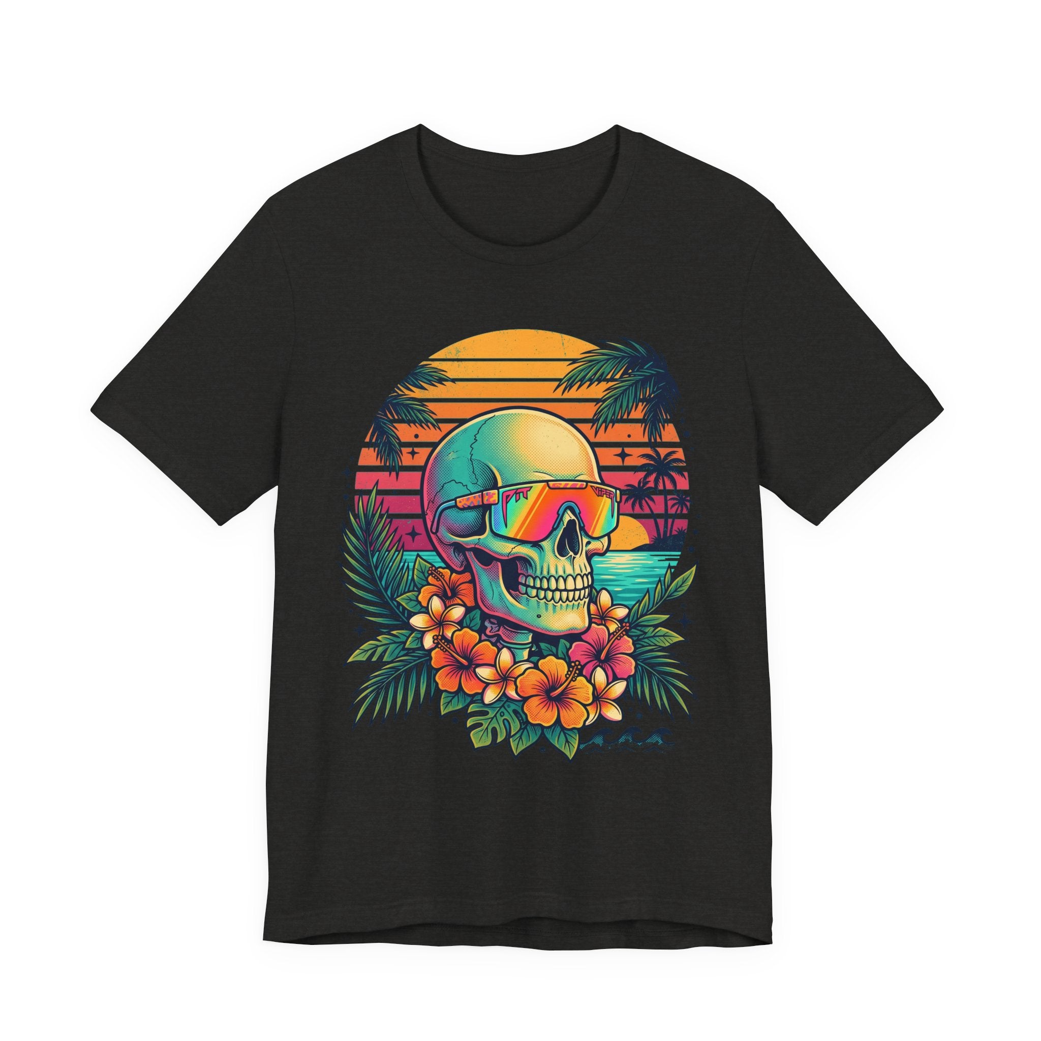 Black heather T-shirt with tropical skull wearing sunglasses and colorful floral graphic