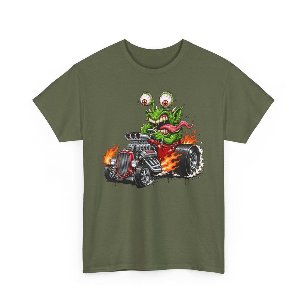 Monster hot rod graphic tee in military green, front monster driving hot rod with flames