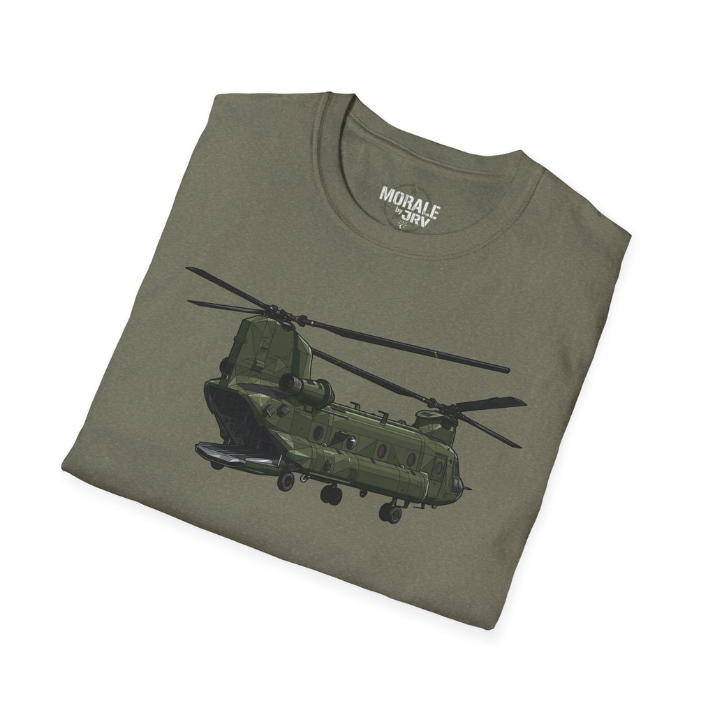 CH-47 Chinook T-shirt, heather military green, front CH-47 helicopter graphic