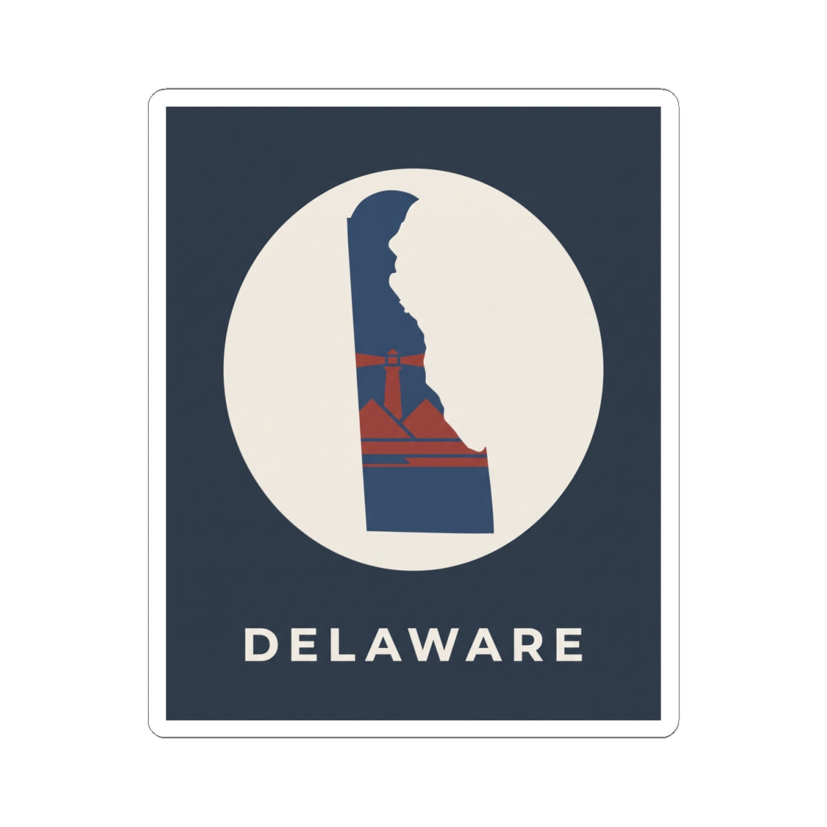 Kiss-cut Delaware silhouette sticker, blue and red stripes with 'DELAWARE' lettering in white circle