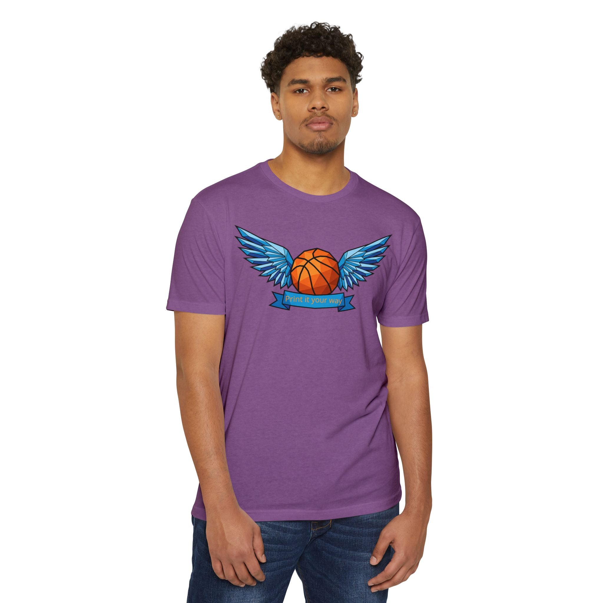 Purple T-shirt with winged basketball graphic