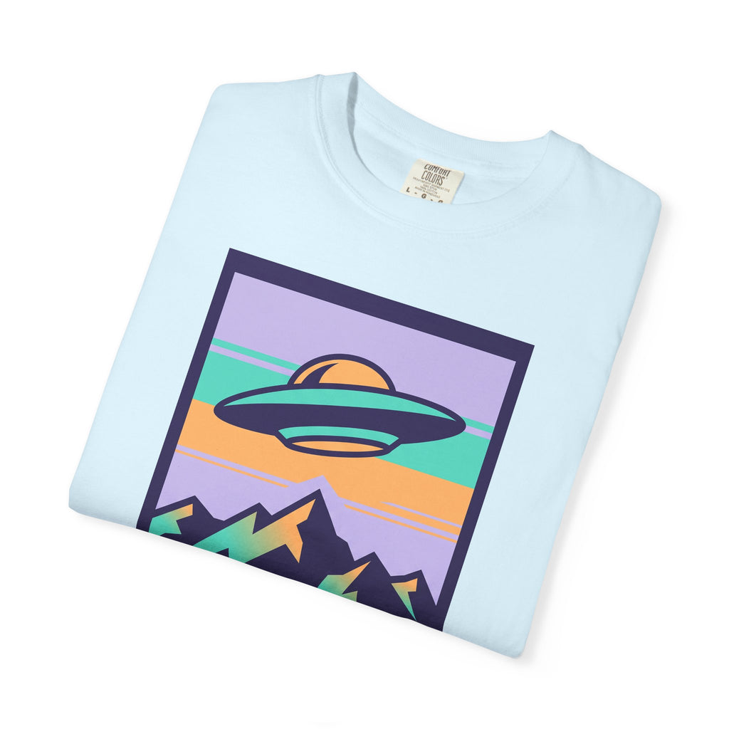 Light blue T-shirt with retro UFO and space landscape graphic on the chest