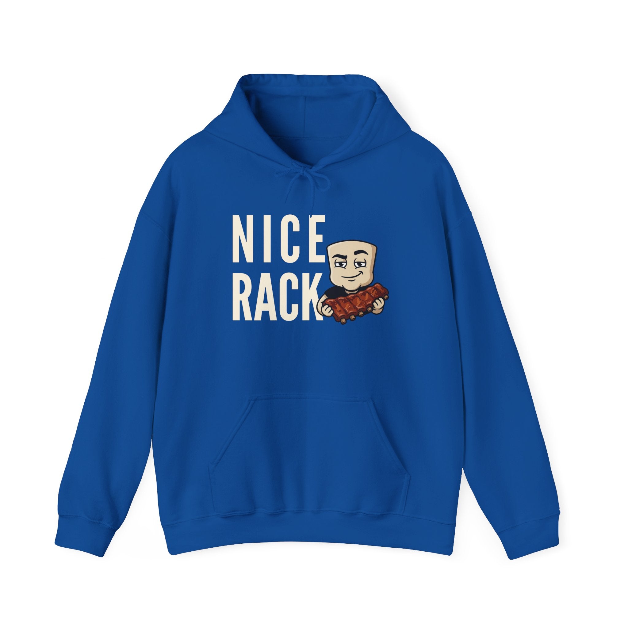 Royal blue hoodie with kangaroo pocket, drawstring hood, and bold rib graphic on chest.